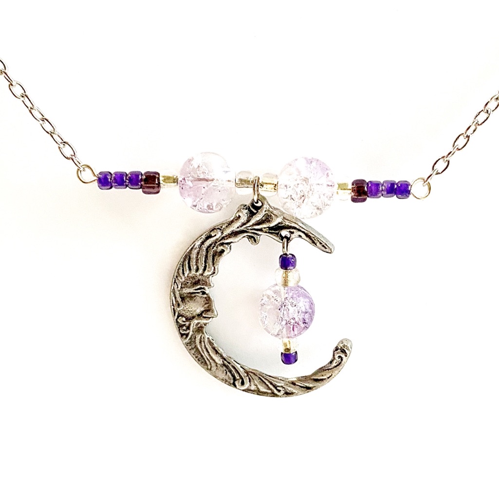 Crescent Moon & Purple Crackle Glass Bead Necklace
